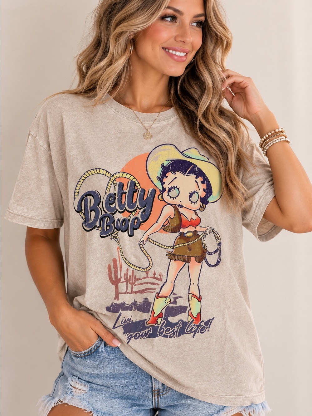 Betty Boop Graphic Tee - Beige Vintage Cowgirl Print